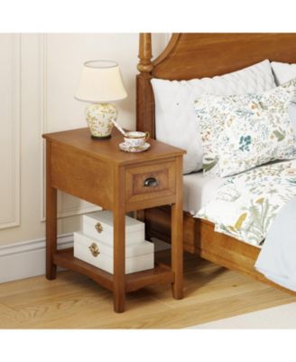 Set of 2 Retro Narrow End Tables with Drawer and Open Shelf