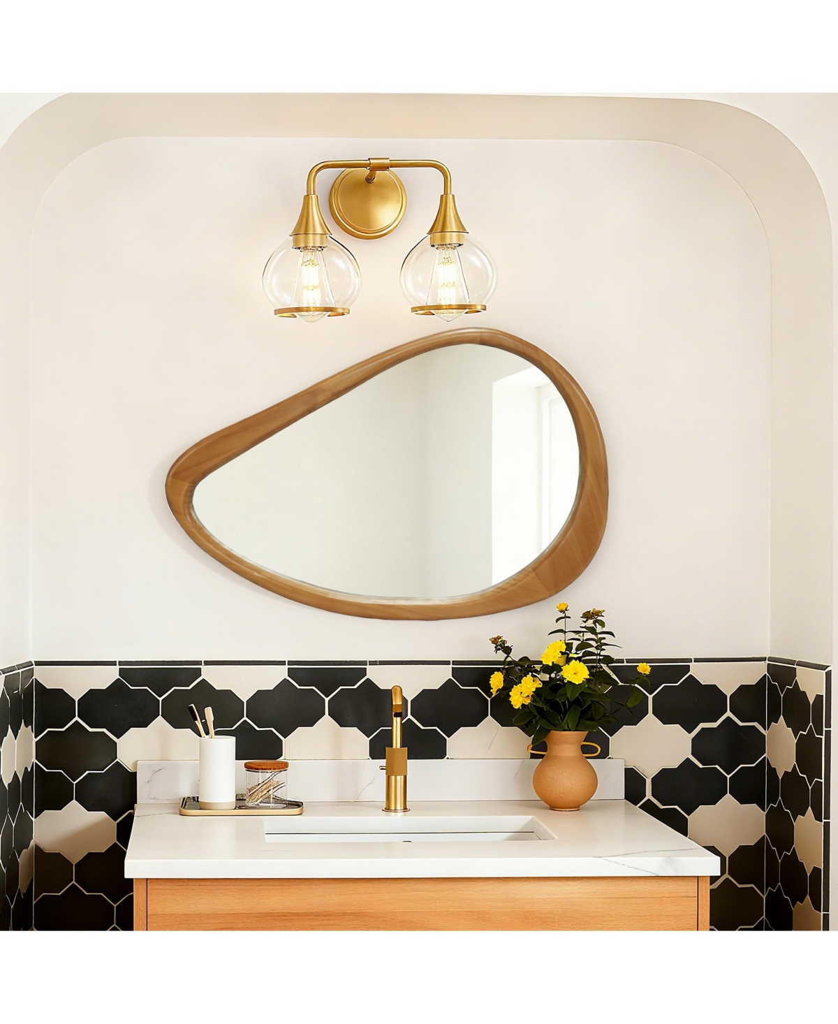 Busdays Modern Irregular Teardrop Wooden Wall Mirror, 29.92"x20.08" for Bathroom Bedroom Living Room