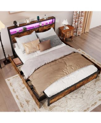 Queen Metal and Wood Bed Frame with LED Lights and Charging Station and Storage Drawers