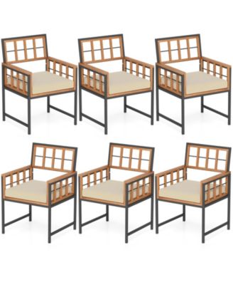 Set of Six Patio Dining Chairs with Acacia Wood and Cushions