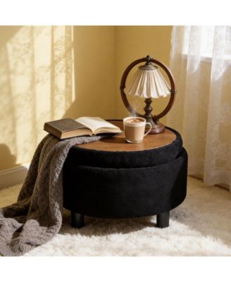 25" Round Storage Ottoman - Tufted Fabric Circle Coffee Table with Removable Top, Footrest Stool for Living Room, Bedroom