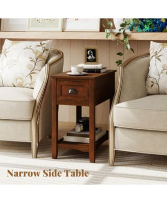 Set of 2 Retro Narrow End Tables with Drawer and Open Shelf