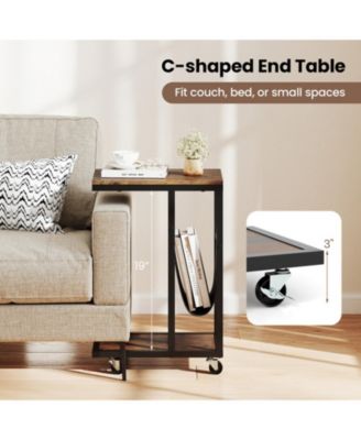 C-Shaped Side Table with Canvas Storage Pouch and Rolling Casters