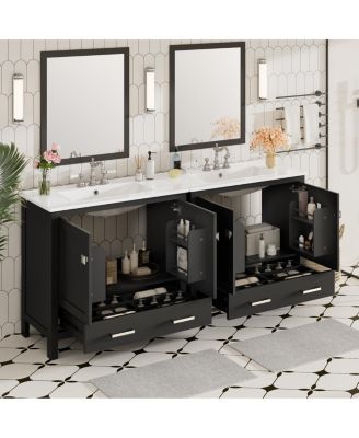 72 Inch Double Bathroom Vanity Set with Ceramic Sinks, Solid Wood Cabinet, Ample Storage and Soft Close Doors, Modern Freestanding