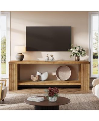 Solid Wood TV Stand for 55/60/65/75-Inch TVs, Farmhouse Entertainment Center with 2-Tier Storage Shelf, Fluted TV Consoles