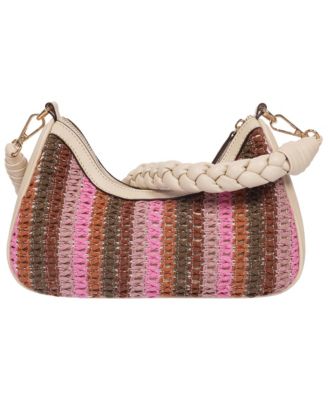 Woven Ribbon Zip Top Hobo Bag - Striped Woven Shoulder Bag with Braided Strap