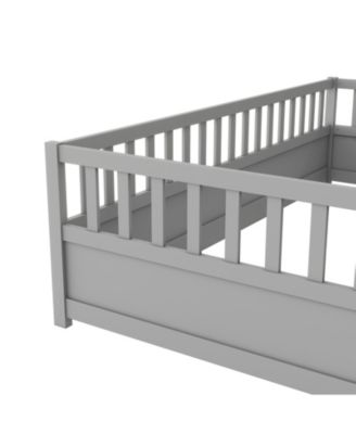 Twin Size Montessori Wooden Floor Bed With High Security Barrier And Door For Kids Bedroom