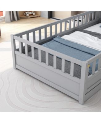 Twin Size Montessori Wooden Floor Bed With High Security Barrier And Door For Kids Bedroom
