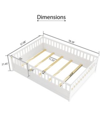 Full Size Montessori Wooden Floor Bed With Support Slat High Barrier And Door For Kids