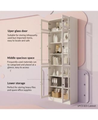 85.5" H 7 Tier Bookshelf with Glass Doors White Large Storage Bookcase for Living Room Office