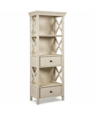 Cottage Chic Display Cabinet Bookcase Antique White Engineered Wood 3 Shelves 2 Drawers Lattice Sides Crown Moulding