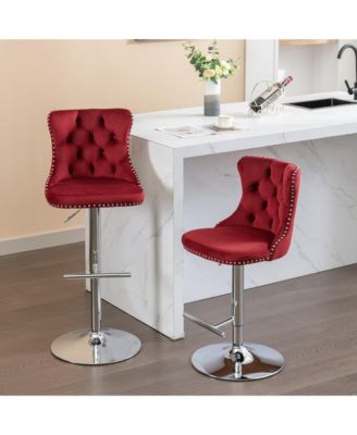 Velvet Swivel Bar Stools Set of 2, Adjustable Counter Height Chairs with Nailhead Trim and Metal Base for Kitchen Island