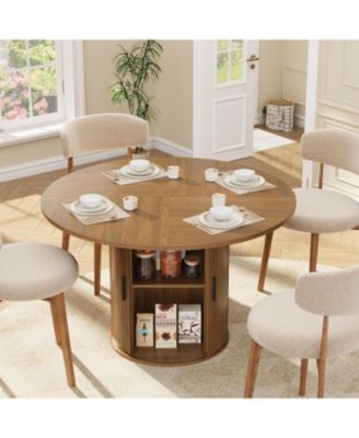 47 Inch Round Dining Table for 4, Kitchen Table Dinner Table with 2-Layer Storage Shelf and Wood Slide Door for Home Dining Room Living Room