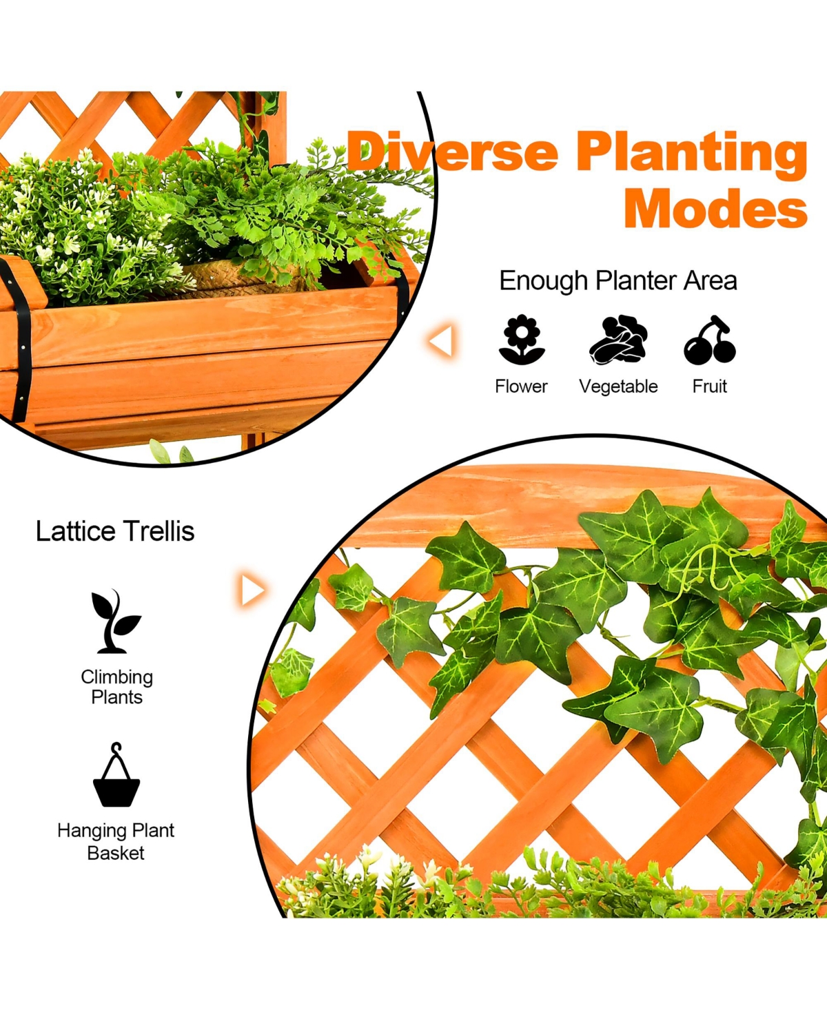 Gymax 2-Tier Wooden Raised Garden Bed Container w/2 Cylindrical Planter Boxes and Trellis