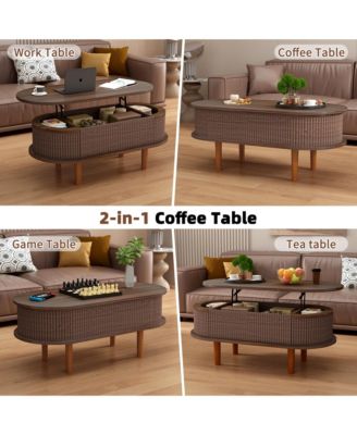 Fluted Lift Top Coffee Table, Modern Oval Wooden Center Table with Hidden Compartment for Living Room or Home Office