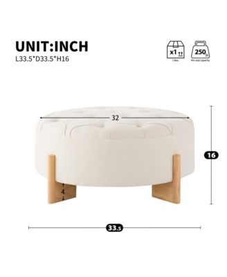 32" Round Tufted Ottoman - Coffee Table with Solid Wood Legs, Tufted Buttons and Piping Lines, Center Table for Living Room