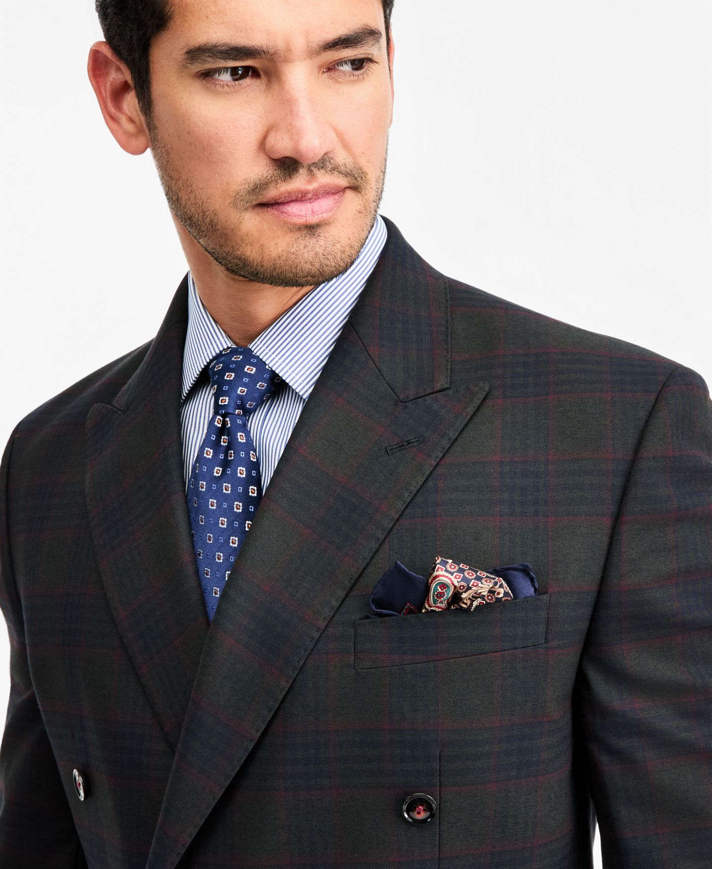 Мужская куртка Tayion Collection Classic-Fit Green Plaid Suit Separate Double-Breasted, цвет: Оливковый красный — фото 3