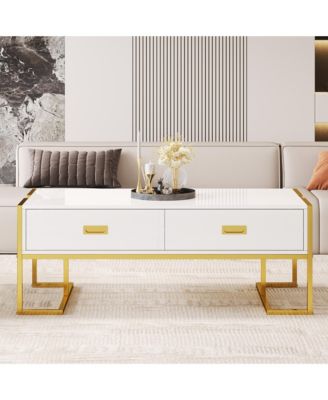 Rectangular Coffee Table, Modern 47.4" Center Table with 4 Drawers and Gold Metal Base for Living Room