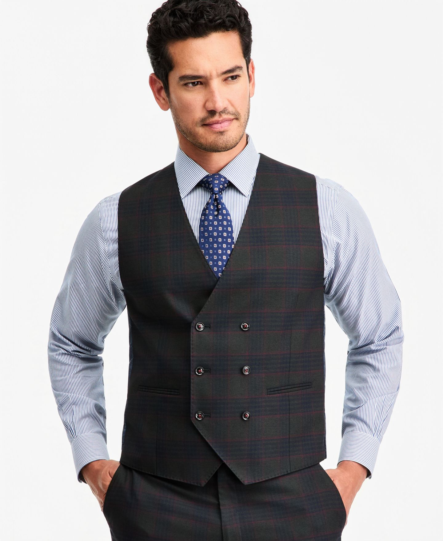 Мужской жилет Tayion Collection Classic-Fit Green Plaid Suit Separate Double-Breasted Vest, цвет: Оливковый красный — фото 1