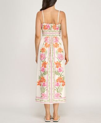 Juniors' Sleeveless Scallop Strap Ruched Waist Midi Dress