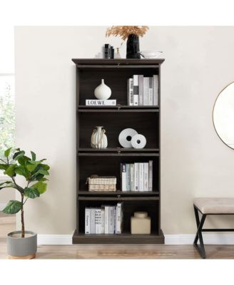 Display Cabinet with 4 Flip up Glass Doors, 4-Tier Versatile Storage Organizer, Antique Bookcase for Living Room