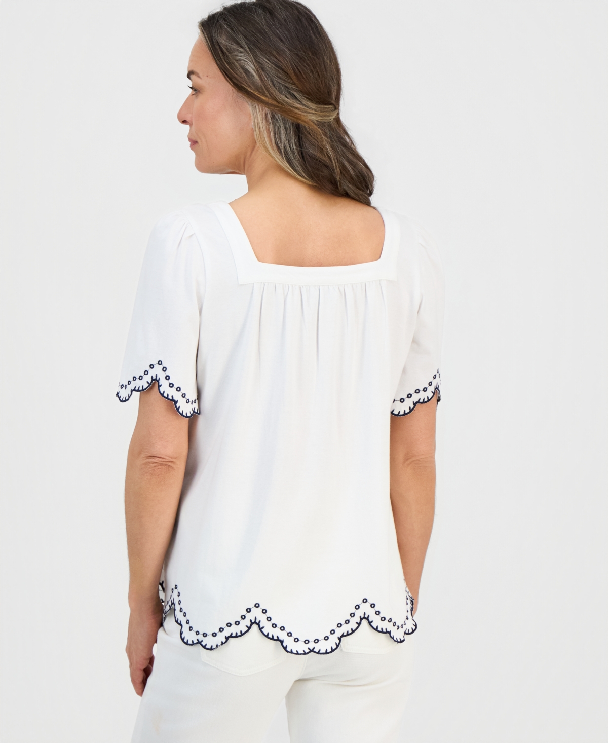 Style & Co Petite Short-Sleeve Scalloped Embroidered Knit Top, Macy's Exclusive