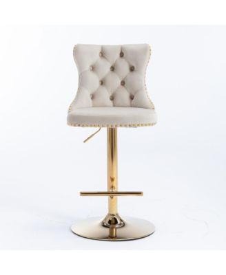 Velvet Swivel Bar Stools Set of 2, Adjustable Counter Height Chairs with Nailhead Trim and Gold Metal Base for Kitchen Island