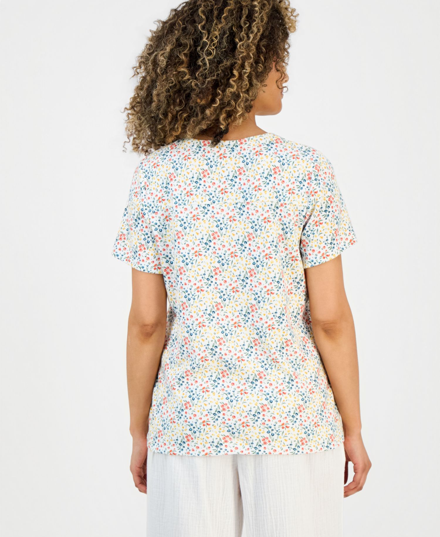 Petite Floral-Print Short-Sleeve Split-Neck Yoke Top
