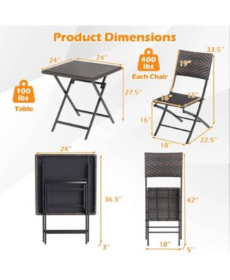 3 Piece Rattan Bistro Set Outdoor Folding Dining Table and Chairs with Wicker Seat