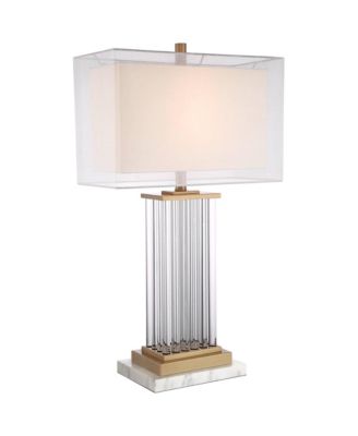 Darcia Modern Table Lamp with White Riser Tall Crystal Sheer Outer Linen Inner Shade for Bedroom Living Room Bedside