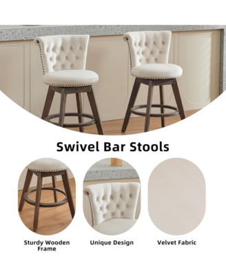 360° Swivel Bar Stools Set of 2, Velvet Counter Height Chairs with Curved Backrest, Nailhead Trim and Solid Wood Legs for Kitchen Island