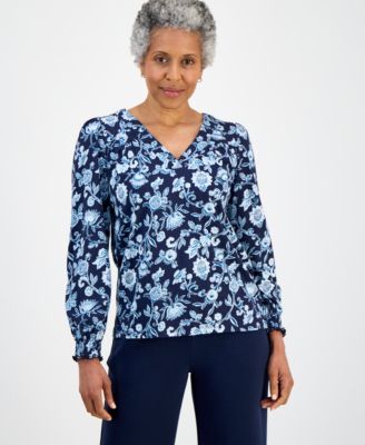 Petite Fresh Paisley V-Neck Long-Sleeve Top
