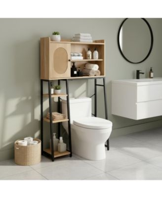 Over The Toilet Storage Cabinet Rattan Door Freestanding Adjustable Shelf Bathroom Organizer Metal Stand Space Saver