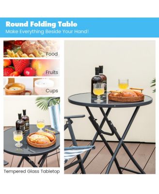 3 Pieces Patio Folding Chair Set w/ 2 Chairs and Glass Round Coffee Table Porch Deck Backyard