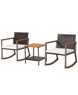 3PCS Patio Rattan Rocking Chair Bistro Set Armrest Cushion Table w/ Storage Shelf