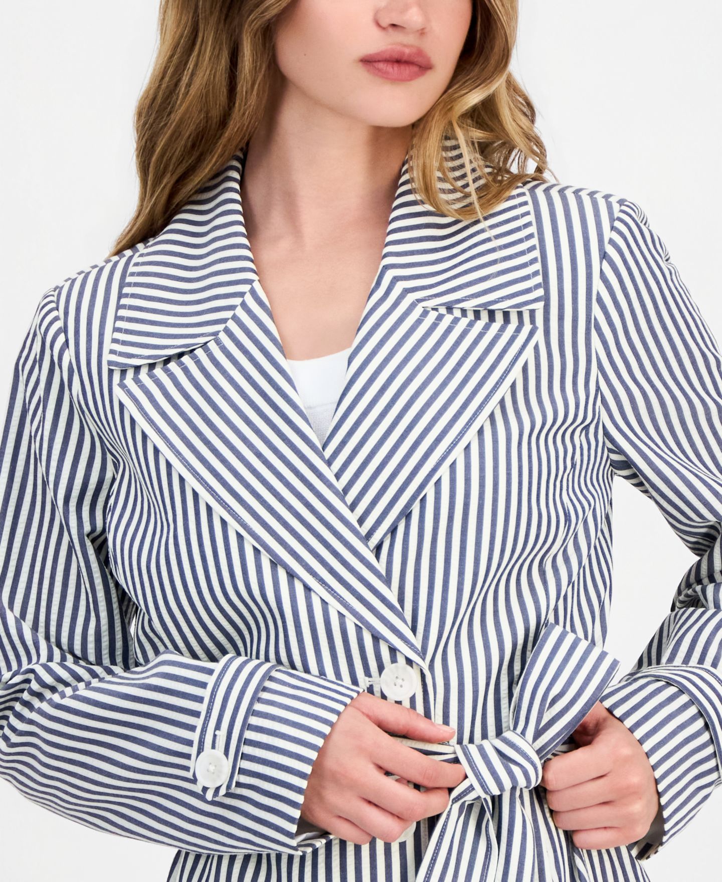 Женский пиджак Tahari ASL Petite Seersucker Wrap Blazer, цвет: Тёмно-синий / Слоновая кость — фото 4