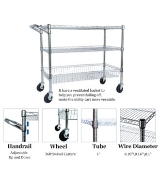 Heavy Duty Rolling Utility Cart, 3 Tier Metal Kitchen Carts On Wheels with Handle Bar & Wire Shelf for Restaurant, Plant Display