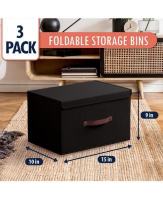 3 Pack Foldable Linen Storage Bin with Faux Leather Handles and Lid
