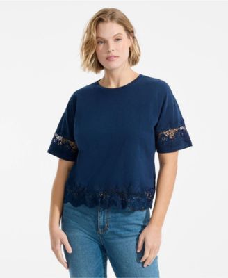 Plus Size Short Sleeve Slub Jersey Cutwork T-Shirt
