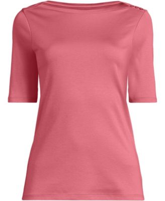 Plus Size Supima Cotton Elbow Sleeve Boatneck Button Shoulder Tee
