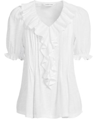 Women's Puff Sleeve Slub Ruffle Pintuck Top
