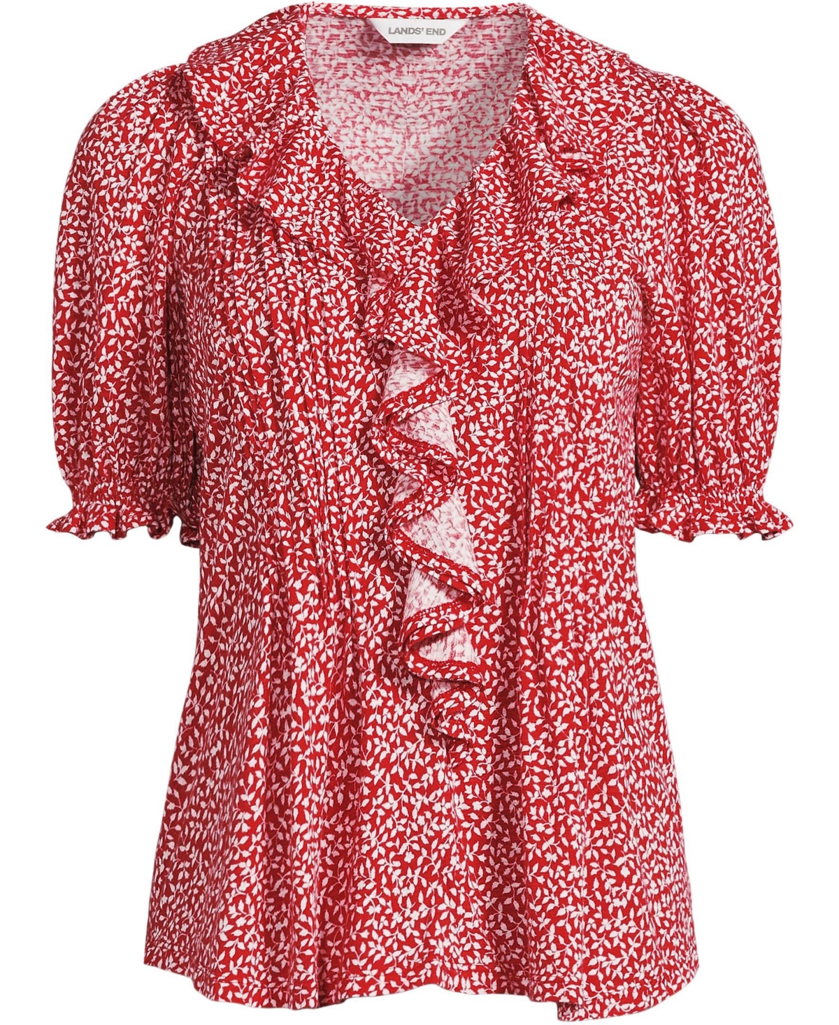 Lands' End Women's Puff Sleeve Slub Ruffle Pintuck Top