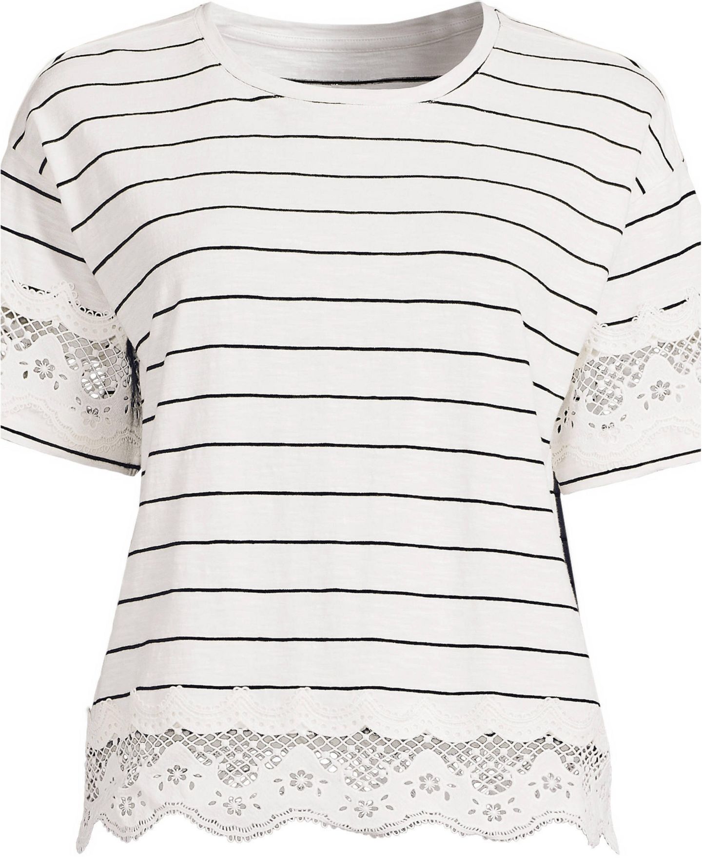 Женская футболка Lands' End Plus Size Short Sleeve Slub Jersey Cutwork, цвет: Слоновая кость / Чёрный полосатый — фото 3