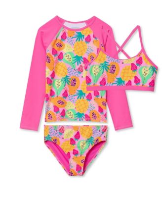 Girls Chlorine Resistant Long Sleeve Rash Guard Bikini 3 Piece Swimsuit Set