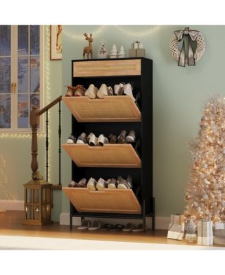 Rattan Storage Cabinet with 3 Flip Drawers, Freestanding Entry Way Shoe Storage Cabinet, Narrow Entrance Shoe Cabinets