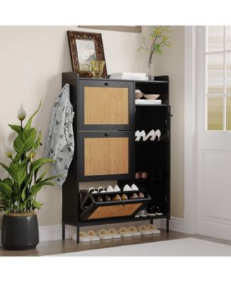 Shoe Storage Cabinet with 3 Flip Drawers, Rattan Hidden Freestanding Organizer with Adjustable Shelves and Metal Knob for Entryway, Hallway
