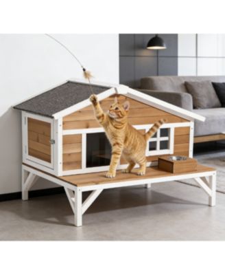 Zeus and Ruta Wooden Insulated Cat House Elevated Winter Shelter With Large Platform Waterproof Outdoor Condo