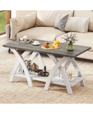 Coffee Table with X Legs Farmhouse Storage Shelf