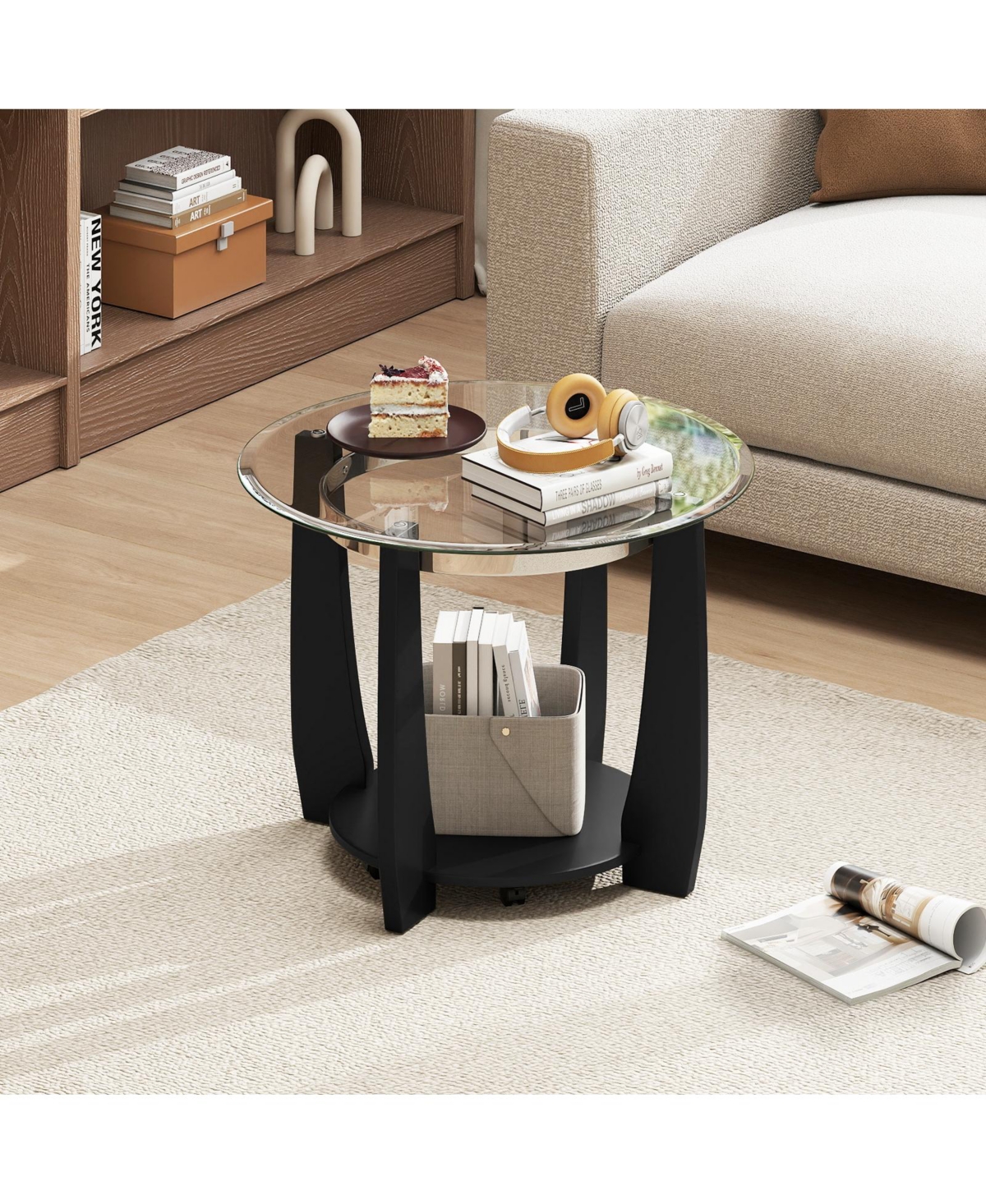 Slickblue Round Glass Coffee Table 2 Tier with Storage Shelf