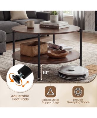 2-Tier Industrial Round Coffee Table, Accent Table with Open Storage Shelf-Rustic